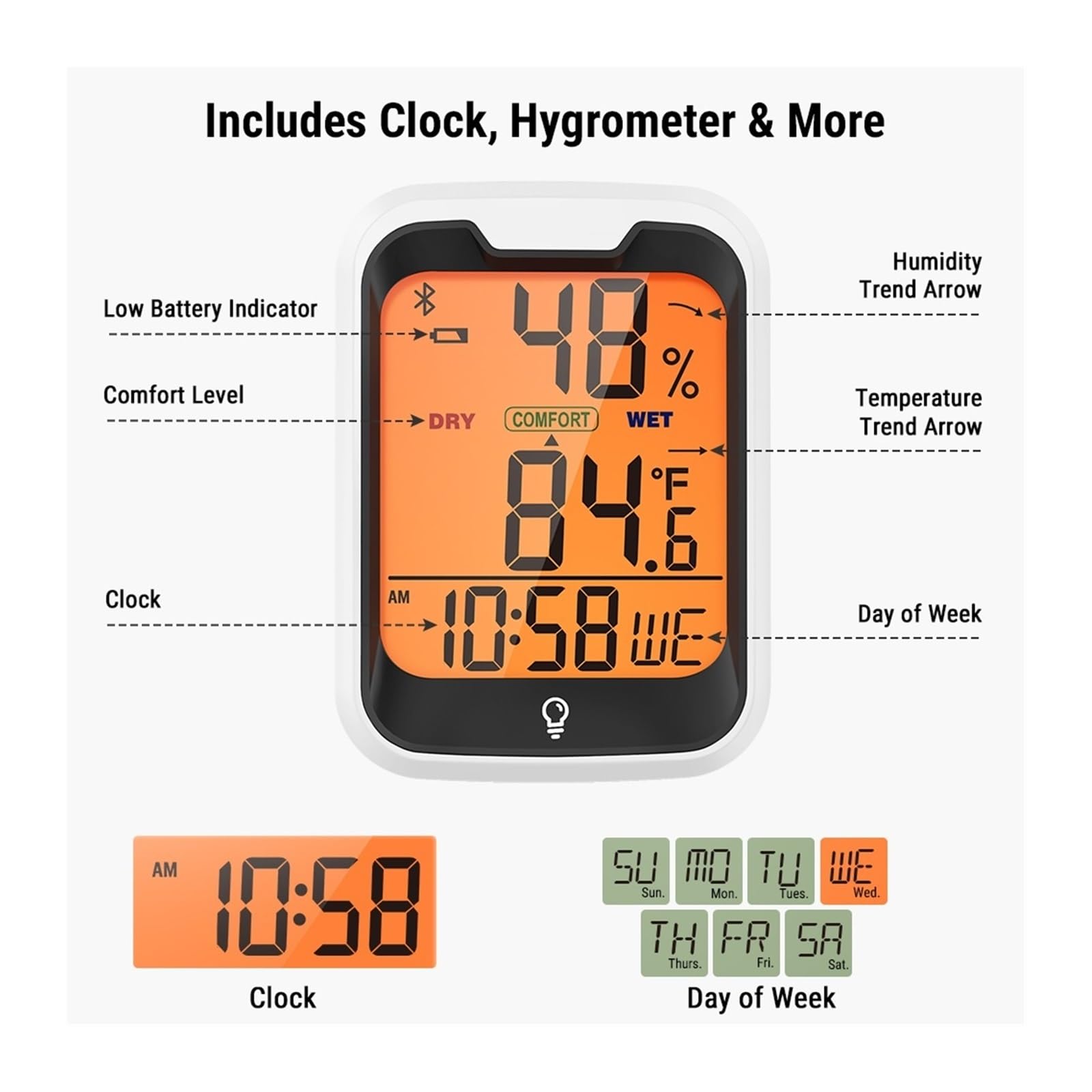 Termoigrometro retroilluminato Bluetooth con App Digitale Stazione meteorologica Termoigrometro per Interni per la casa con Orologio e Giorno