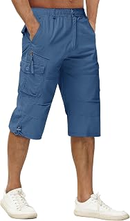 Men's Capri Pants with 7 Pockets Cargo Shorts Twill Elastic Below Knee 3/4 Capri Long Shorts