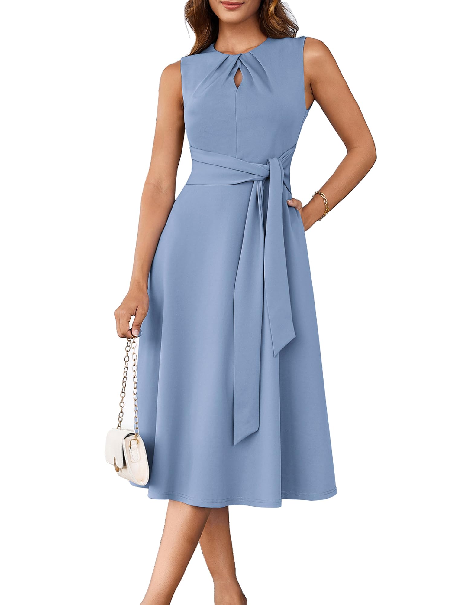 GRACE KARIN Women 2025 Summer Work Dress Sleeveless Tie Waist Elegant Party Cocktail A Line Flowy Midi Dresses with Pockets