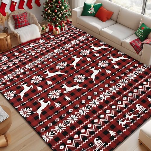 ASPMIZ Christmas Area Rugs 5x7, Buffalo Plaid Rugs for Living Room, Red Reindeer Washable Rug Low Pile, Snowflake Bedroom Rug Non Slip, Soft Faux Wool Throw Carpet for Christmas Decorations