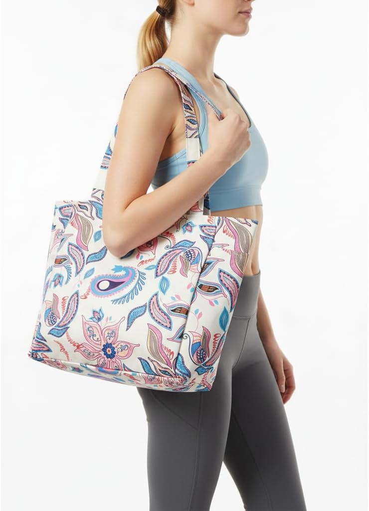 Floral Paisley Pattern Yoga Bag, Canvas Tote with Blue and Pink Design, Spacious Carrier for Yoga Mat and Accessories