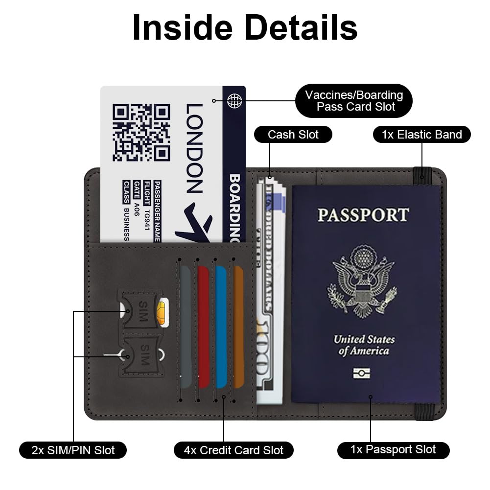 Custodia per Passaporto, Custodie Porta Passaporto con Blocco RFID, Custodia Passaportos in Pelle PU per Carte d'Identità Carte di Credito, Biglietti Aerei, Passaportos Pass (Nero)