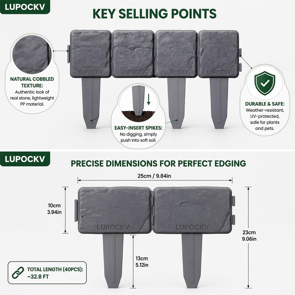 Imitation Stone Garden Fence Plastic Retaining Edging Border Grey Cobbled Effect Landscape Decor Interlocking Decorative Panels Flower Bed Path Lawn Outdoor Picket Yard Grass Edge(Black,20pcs)