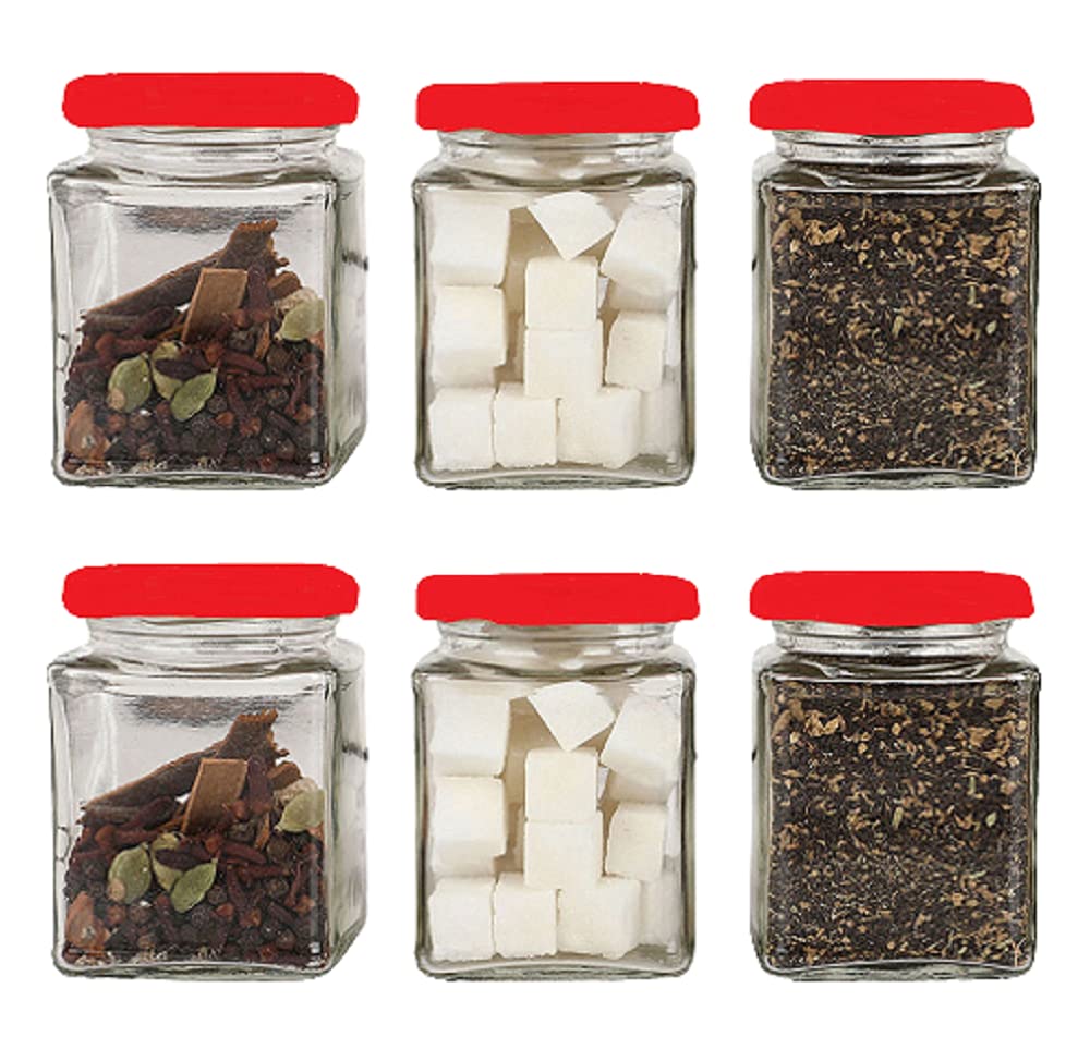 MAHISHA INDUSTRY Glass Jar Container 150 Gram / Glass_kitchen storage jar 150 gm / Airtight glass jar 150 gms square 6 nos Set with Air Tight Red Caps with Best to use in spice, masala, jams, pickle etc.