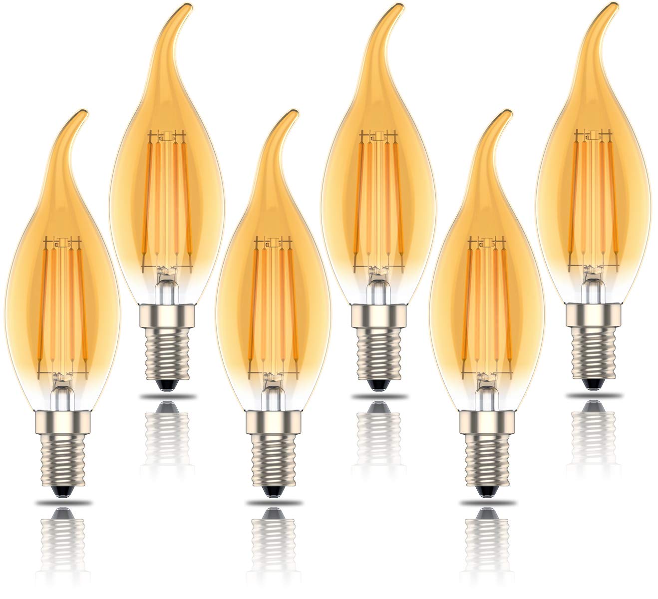 E14 Led Candle Bulbs, Gold Flame Filament, Dimmable SES C35 Small Edison Screw Light Bulb, 4W (40W Equivalent),Warm White 2700K, Pack of 6
