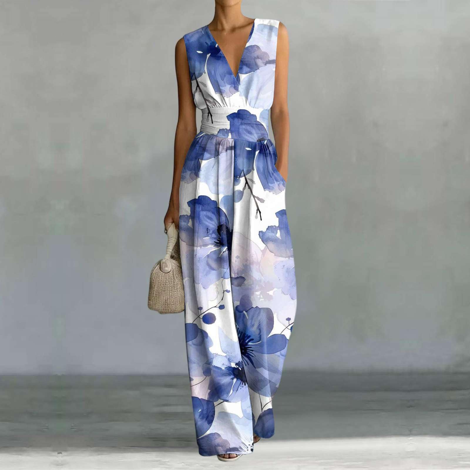 Combinaison Femme Ete Chic et Elegante - Jumpsuit Longue Fluide Sans Manches Col V, Tenue Pantalon Imprimé Floral avec Poches, Taille Haute Coupe Ample pour Sorties Travail