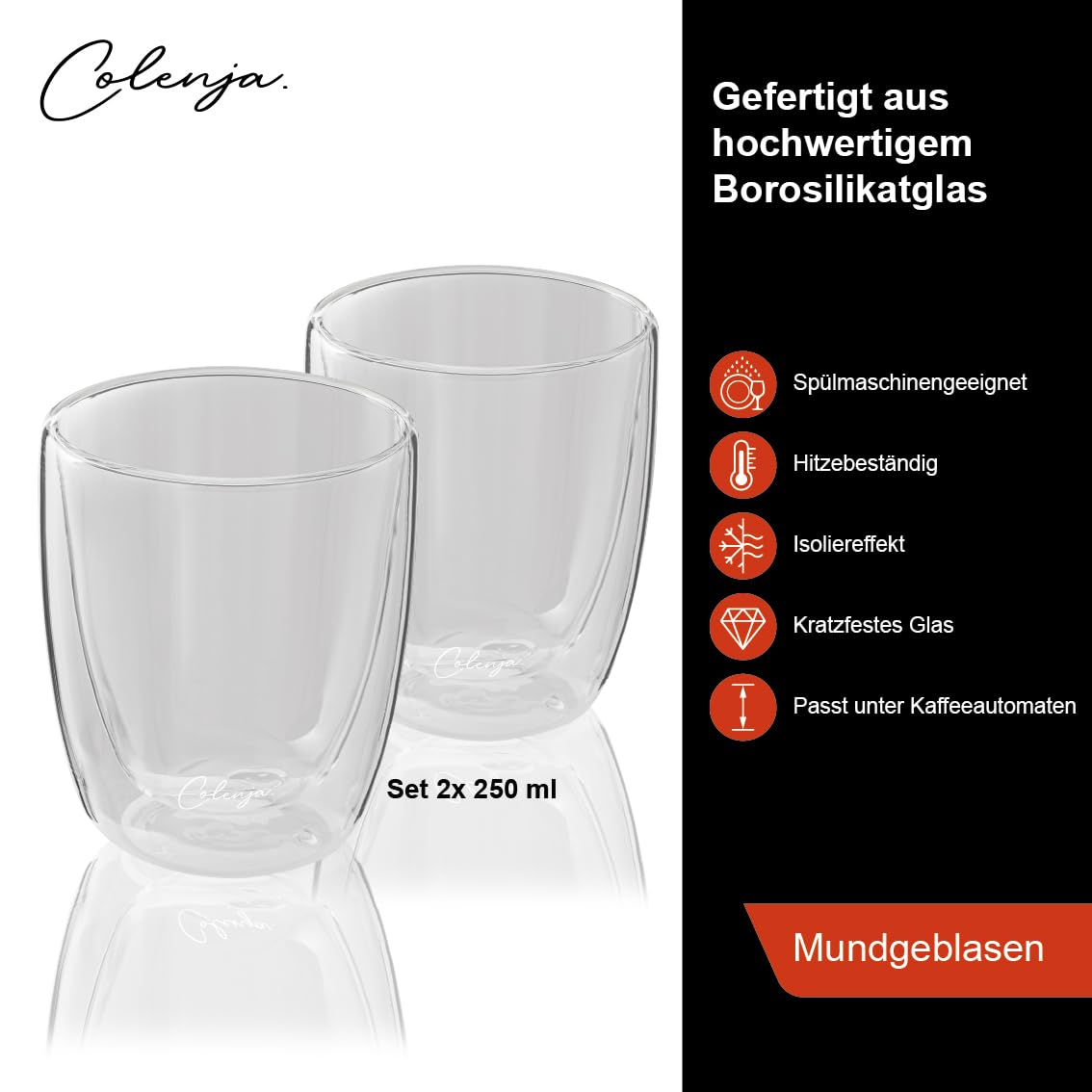 Szklanki do kawy z podwójnymi ściankami do cappuccino – zestaw 2 szt. 250 ml – wysokiej jakości szklanki do cappuccino – szkło odporne na zarysowania – szkło borokrzemowe – nadają się do mycia