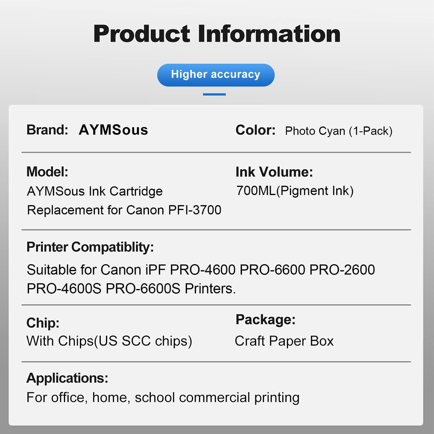 PFI-3700PC PFI-3700 Pigment Ink Cartridge Replacement for Canon PFI 3700 for Canon imagePROGRAF PRO-2600 PRO-4600 PRO-6600 GP-2600S GP-4600S GP-6600S Printers（700ML Photo Cyan