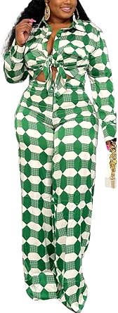 2 Piece Outfits for Women Sexy V Neck Print Shirts Tie Knot Batwing Blouses Crop Top Wide Leg Pants Set