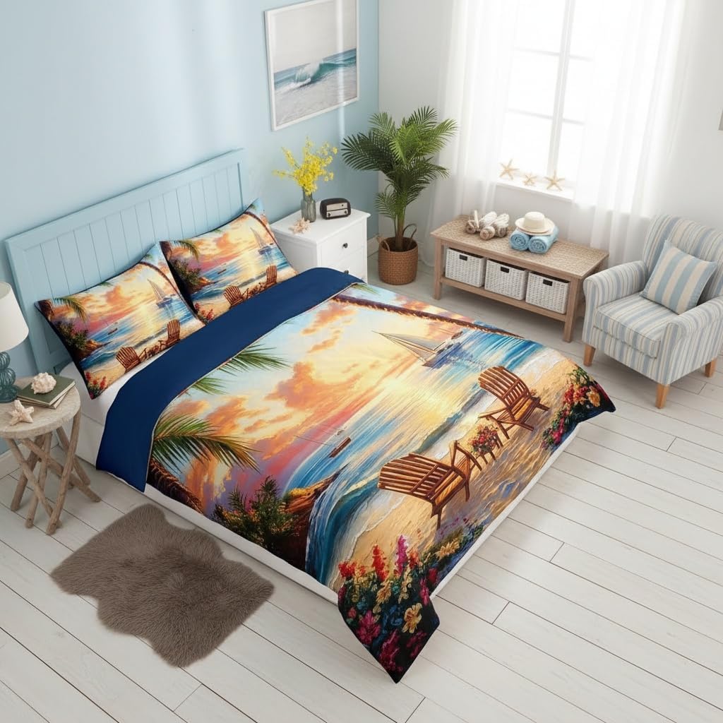 Sea Beach Duvet Cover Set Queen Size,Tropical Leaves Seaside Travel Comforter Cover 3pcs,Dreamy Sunset Sky Bedding Set 2 Pillowcases(No Comforter),Summer Ocean Landscape Bedding Quilt Cover