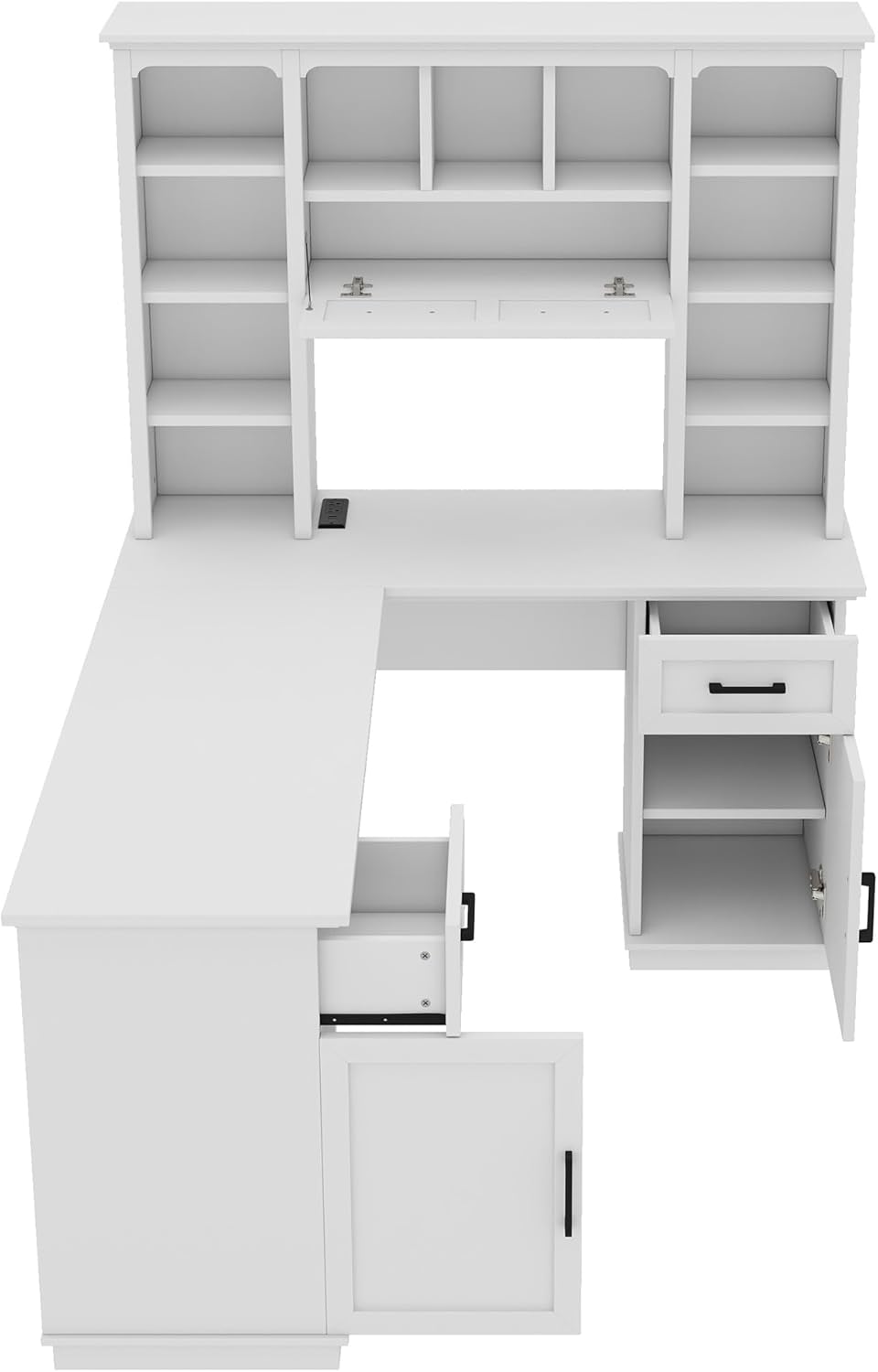 L-Shaped Computer Desk with Hutch, Home Office Corner Desk with Drawers and Cabinet, Open Storage Shelves, Multi-Functional Writing Table for Study Room Bedroom Living Room, White