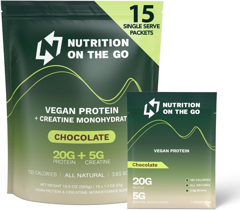 Nutrition On The Go Vegan Protein Powder Packets with Creatine – 20g Plant Proteins + 5g Creatine – Single-Serve Travel Protein Powder – All-Natural, Gluten-Free – Chocolate – (15-Pack)