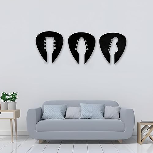 Miniatura 6 de Aimery 3 piezas de arte de pared de guitarra de metal, regalo para amantes de la música, decoración única de habitación, púa de tocado de guitarra,