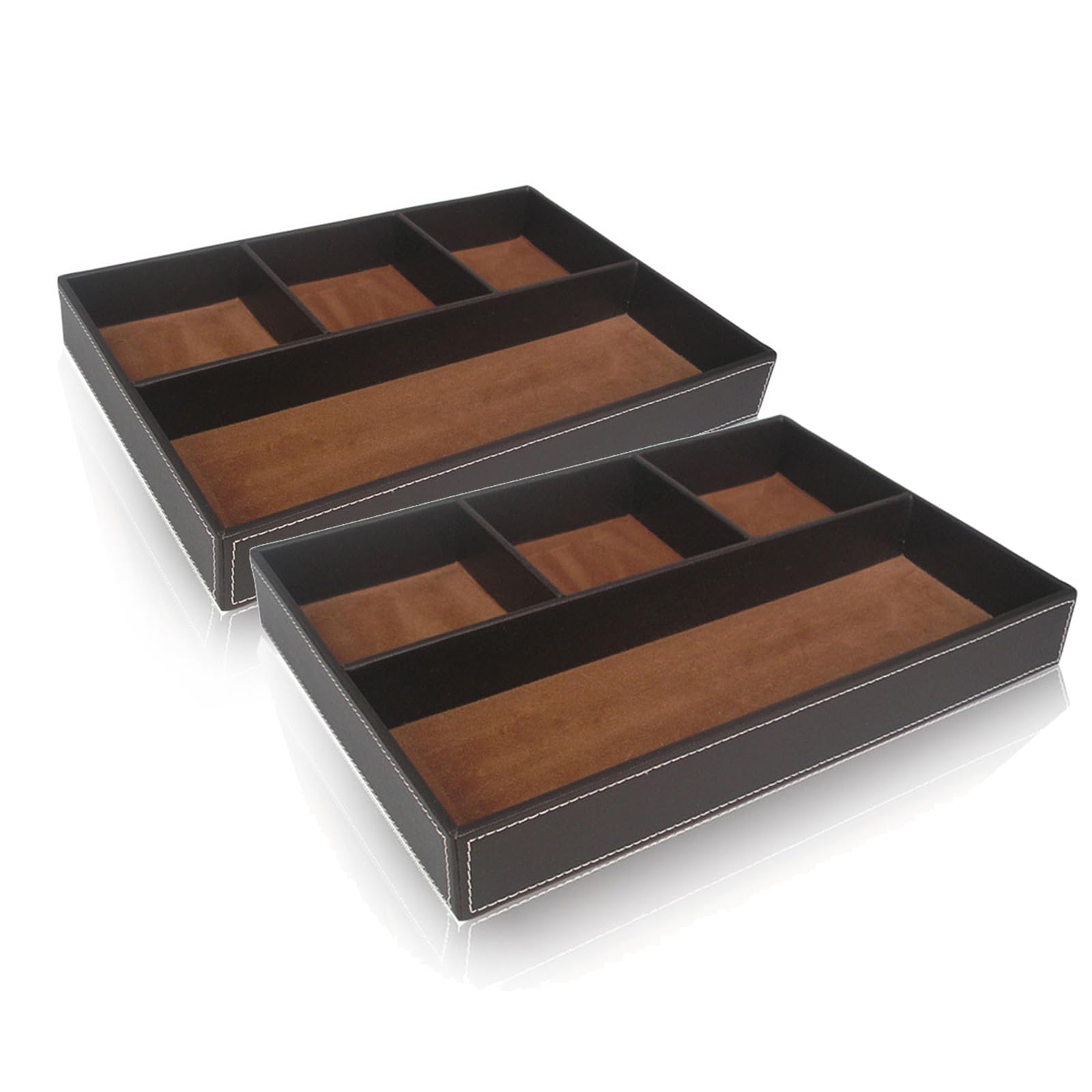 2 x PU Valet Tray - Leather Desk and Dresser Drawer Tray Organiser, Nightstand Catch-All Storage Box for Keys, Phone, Wallet, Watch, Jewellery [Brown]