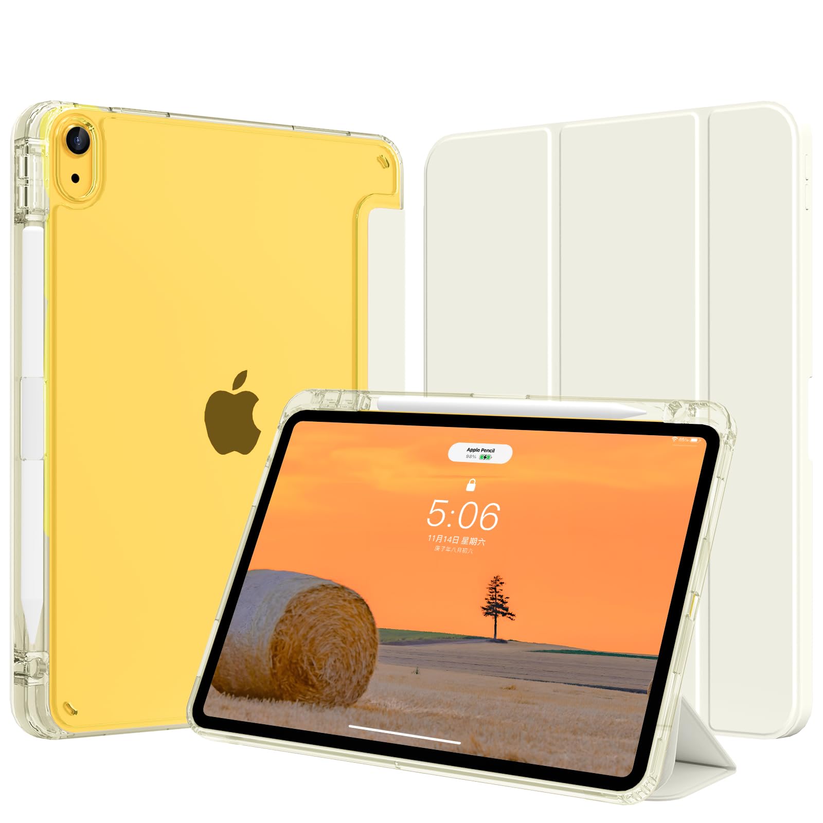 SZPSGC Hülle für iPad (A16) 11. Generation 11 Zoll 2025, iPad 10. Generation 10,9 Zoll 2022 mit Stifthalter, Schlank Leicht Trifold Schutzhülle mit Hart PC Transluzenter Rückseite, Creme Weiße