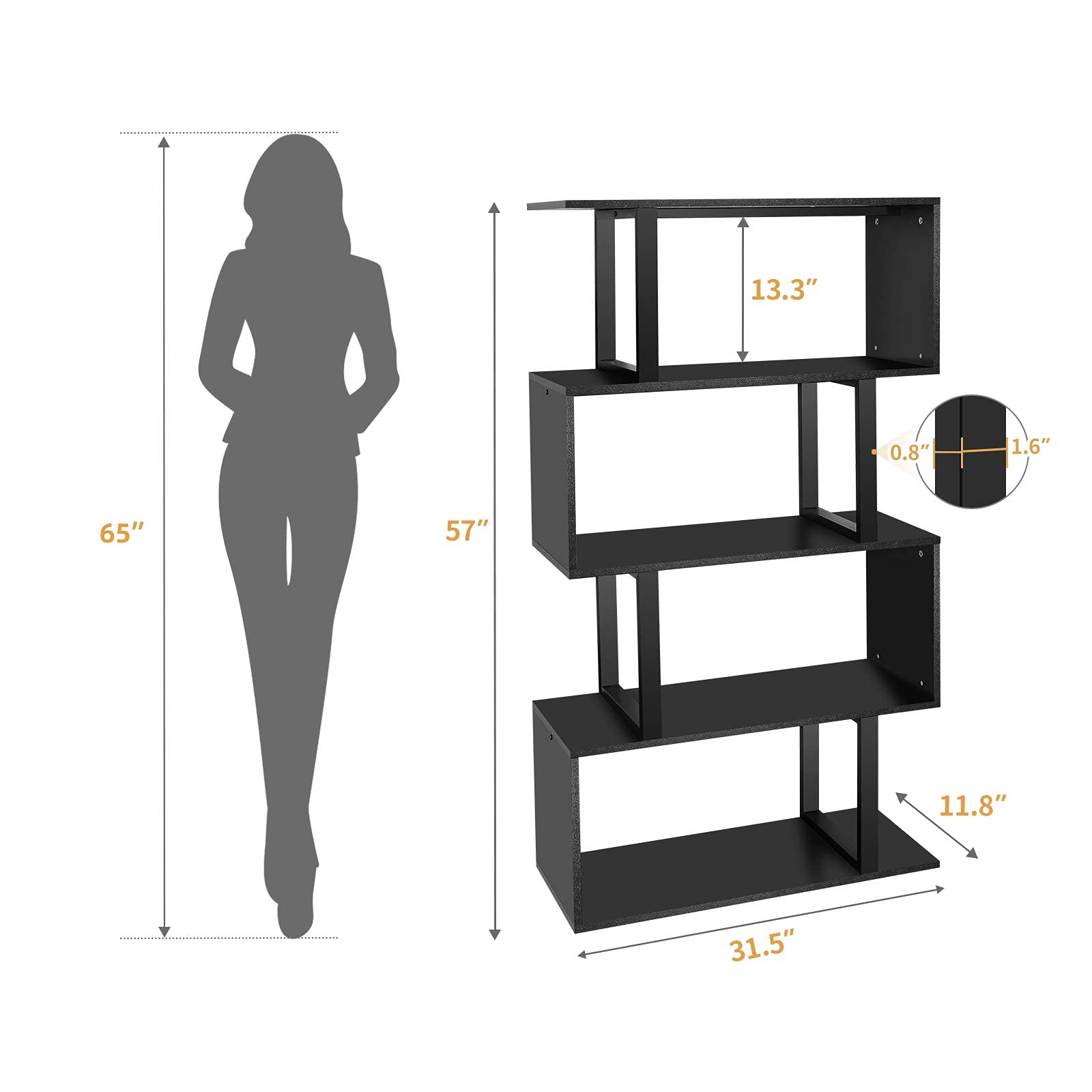 YITAHOME 5-Tier Bookshelf, S-Shaped Z-Shelf Bookshelves and Bookcase, Modern Freestanding Multifunctional Decorative Storage Shelving for Living Room Home Office, Black