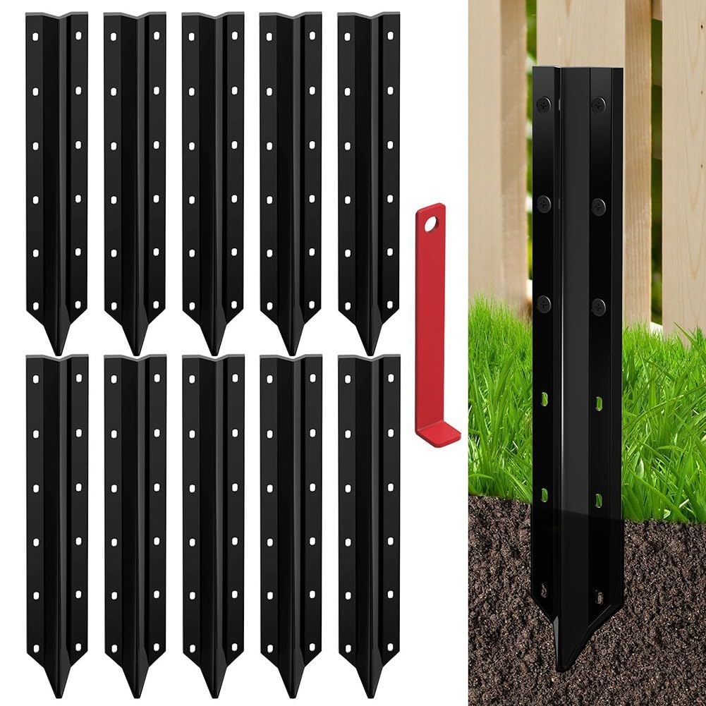 Kit de reparación de valla de acero resistente de 5 piezas, estacas ajustables con herramienta y tornillos, diseño negro sin excavación para postes de valla de jardín de madera, estabilización, se