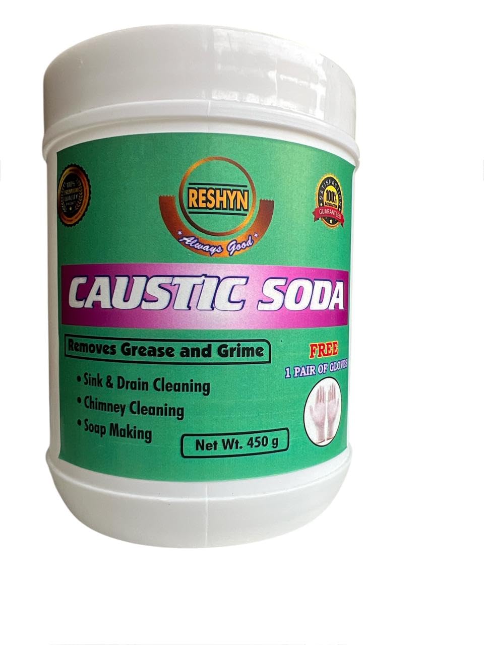 Brand Caustic Soda 450 Grams Drainage Block Remover and Soap Making, Drain Cleaner, Chimney Grease Cleaning with Free 1 Pair of Gloves,