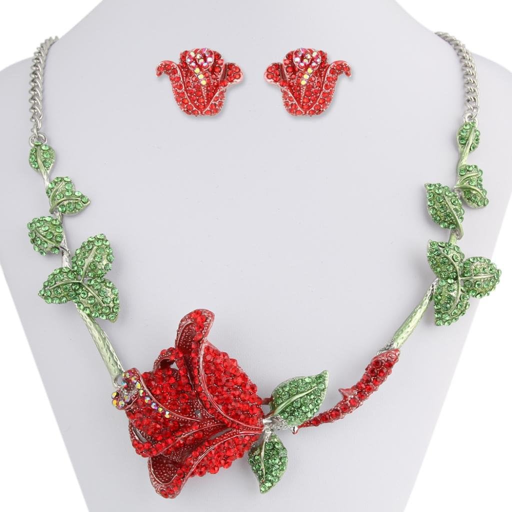 EVER FAITH Austrian Crystal Rose Flower Leaf Necklace Stud Earrings Set Silver-Tone