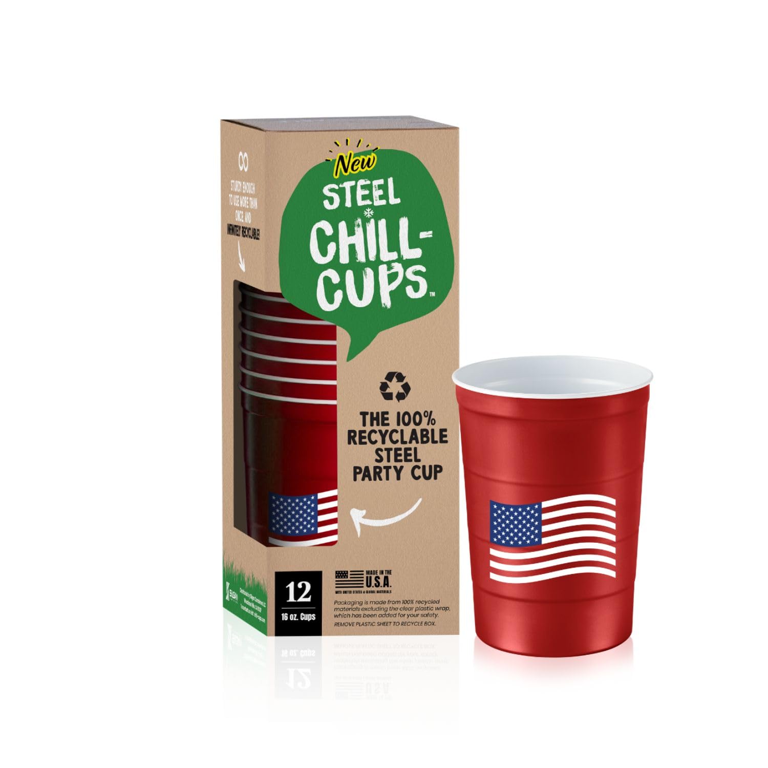 16 oz. Party Cups Flag Design for Cold Drinks, Sturdy and Durable, Disposable, Recyclable, Made in USA, Patriotic, Red, 12 Count