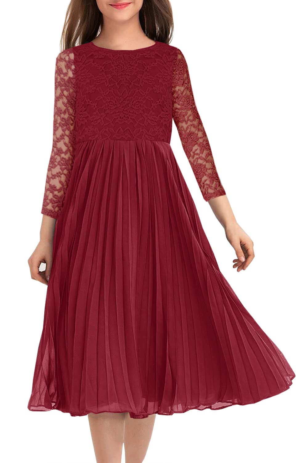 HOSIKA Flower Girl Dress Elegant Vintage Lace 3/4 Sleeve A-Line Pleated Formal Wedding Party Dress