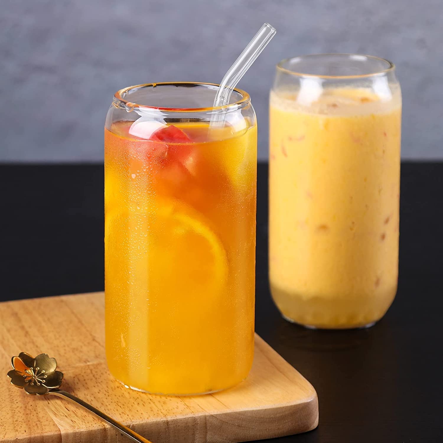 Farielyn-X Glass with Straws, Drinking Glasses 500 ml Iced Coffee Cup, Beer Can Shaped Glasses, Glass Tumbler, Cute Cups for Smoothie,Soda,Cocktail, Mocktail Set of 2 (Florida, 2)-image-0