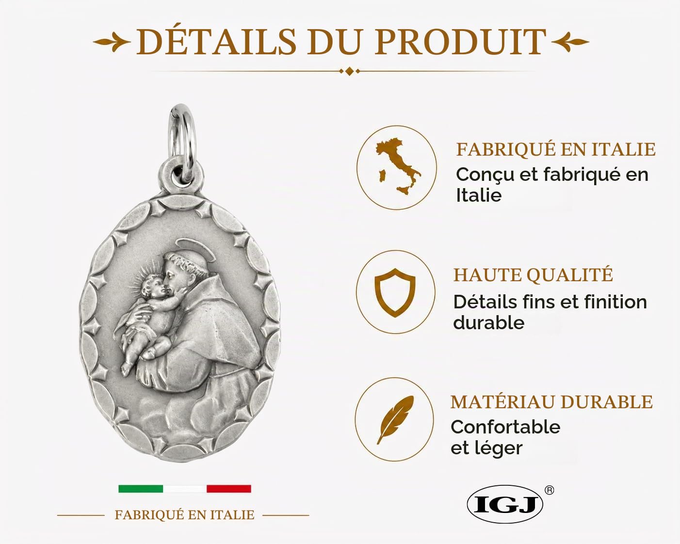 I G J MÉDAILLE OVALE DE SAINT ANTOINE DE PADOUE AVEC L'ENFANT JÉSUS - LES MÉDAILLES DES SAINT-PATRONS