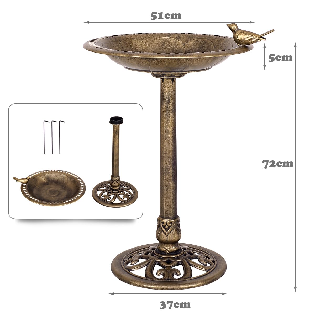 SOARS Magiatoia per Uccelli Ø51 x 72 cm di Altezza, Abbeveratoio per Uccelli Selvatici Decorazione da Esterno Stile Rustico Effetto Bronzo, Vasca per Uccello da Giardino e Balcone (Bronzo Giallo)
