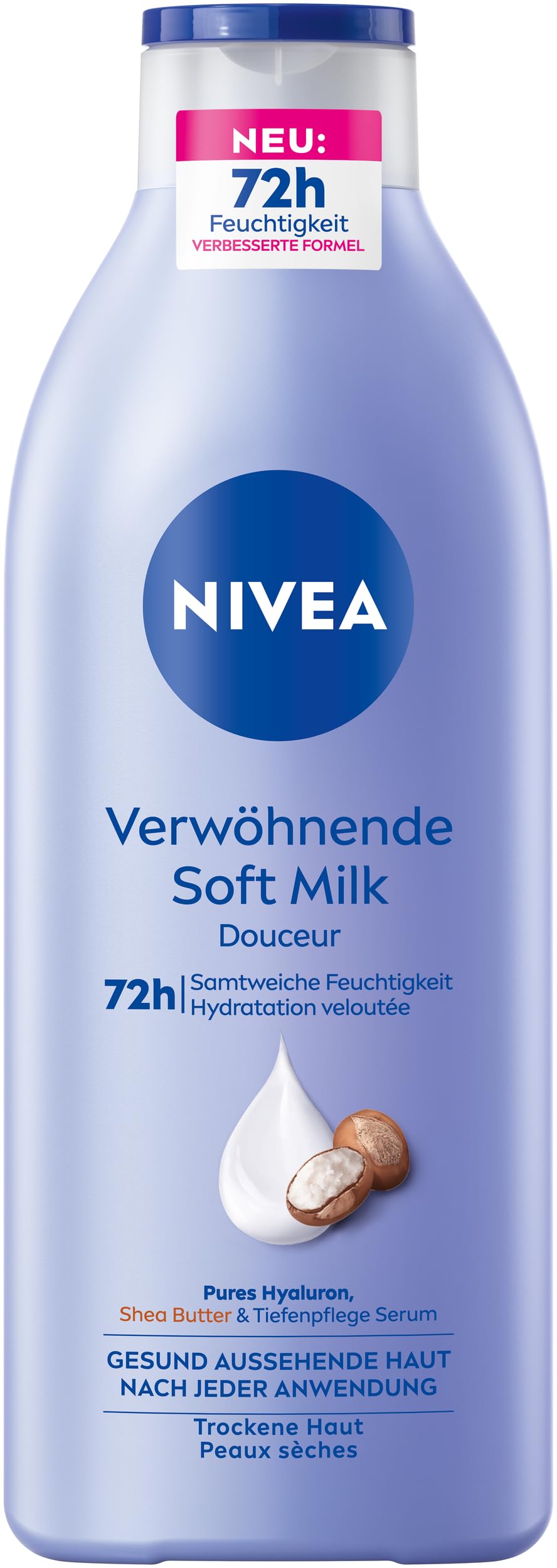 NIVEA Verwöhnende Soft Milk, Body Milk für trockene Haut mit Tiefenpflege Serum, Feuchtigkeitspflege mit Shea Butter und 100% purem Hyaluron (400 ml)