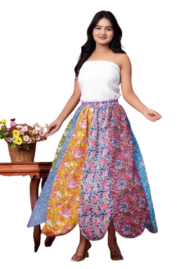 Women's Cotton Patchwork Maxi Skirt, Multicolour Floral Block Print, Elastic Waist, Boho Style-image-35