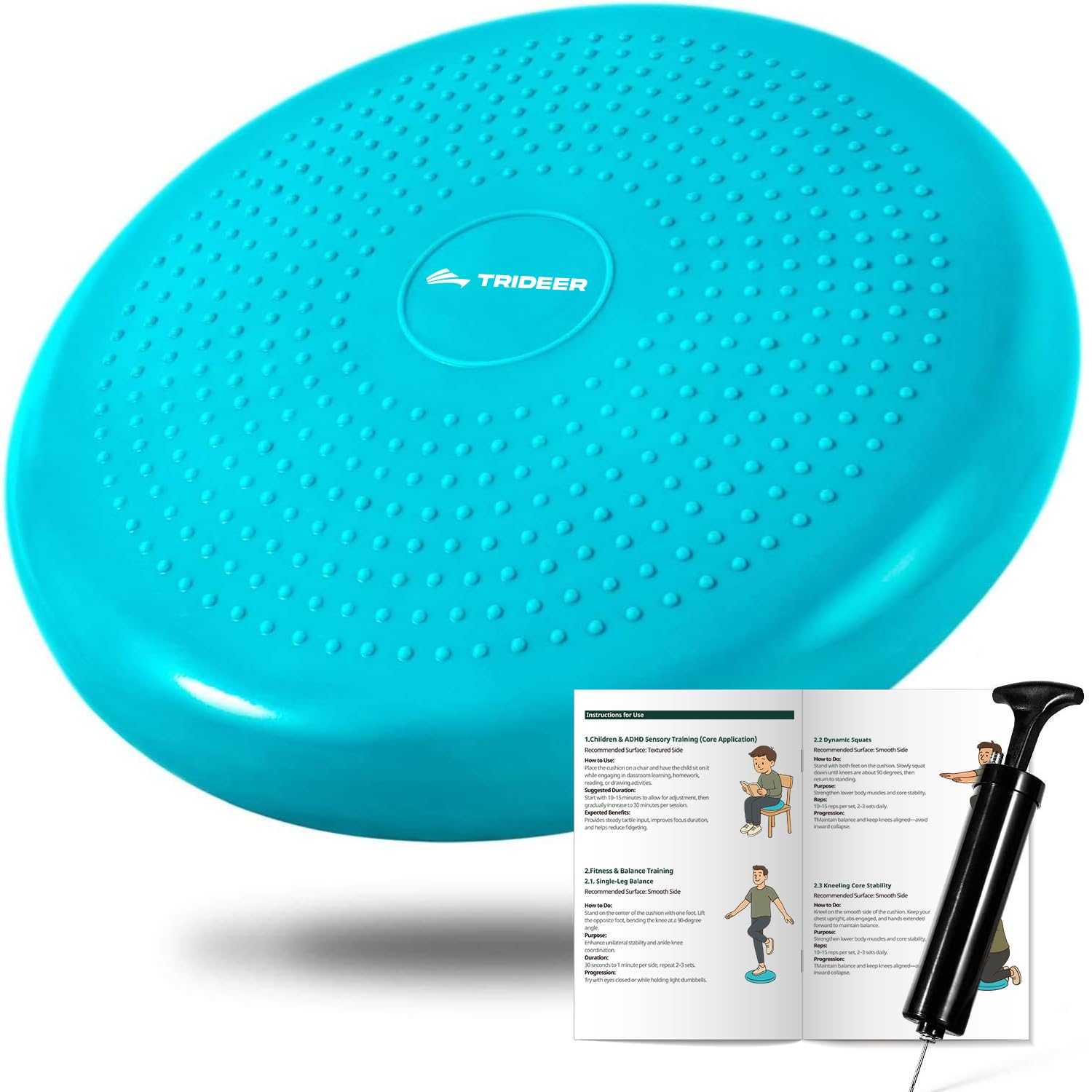 Trideer Inflated Stability Wobble Cushion with Pump, Flexible Seating Classroom, Extra Thick Core Balance Disc, Wiggle Seat for Sensory Kids (Office & Home & School) (34cm Turkis)