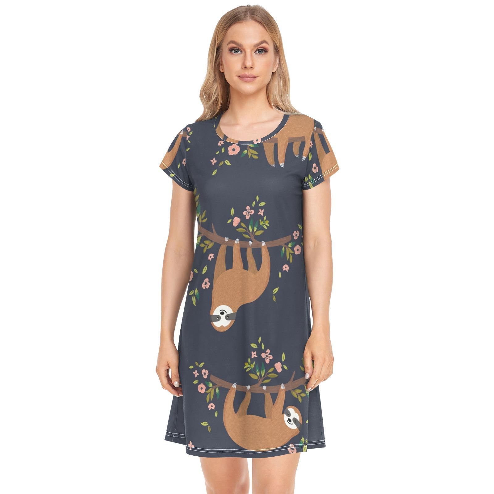 YOUJUNER Women's Nightdress Cute Sloth Pattern Nighties Nightgown Short Sleeve Nightshirt Sleepwear Loungewear T-Shirt Dress
