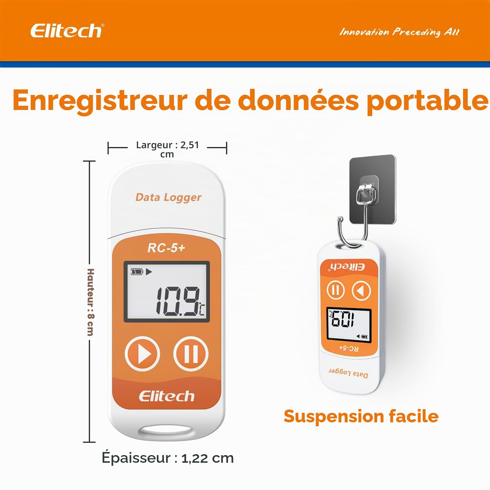 Elitech Enregistreur de Température USB RC-5+ Lot de 10 Mini Enregistreur de Données 32000 Thermomètre Numérique Rapport PDF CSV Auto Alarme