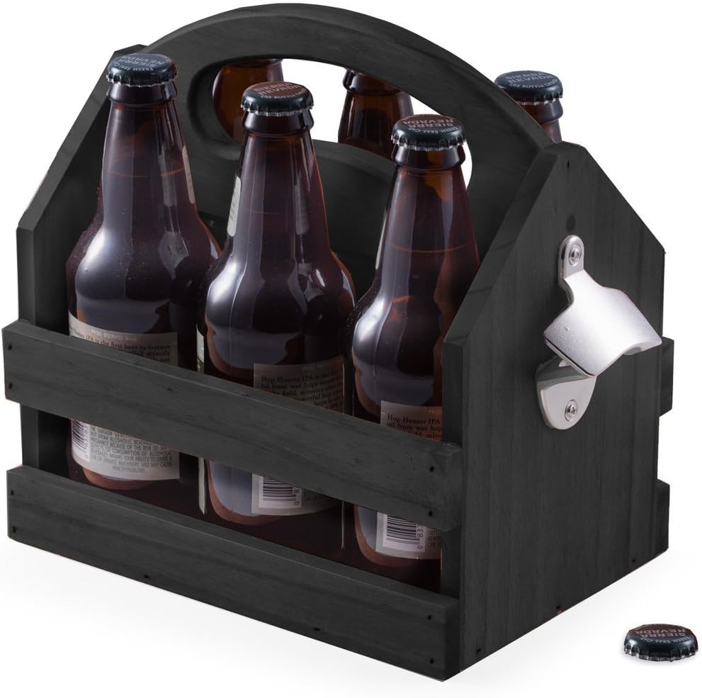 Black Solid Wooden 6 Pack Beer Bottle Holder Caddy Carrier And Bottle