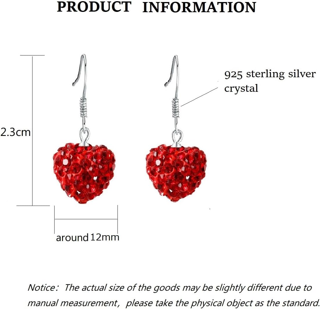Red Crystal Love Heart Drop Earrings for Women, 925 Sterling Silver Fashion Dangle Earring Hypoallergenic Hook Earrings