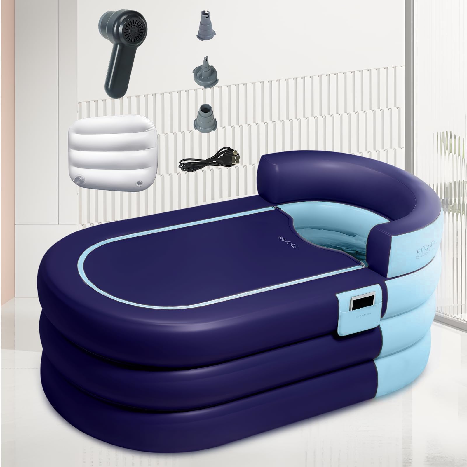 Ice Bath Tub/Cold Plunge Inflatable Bathtub with Electric Air Pump 160×84×74cm Portable Bathtub for Adults Foldable Bathtub for Adults Deep Soaking Tub with Lid, Freestanding Bathtub,Headrest
