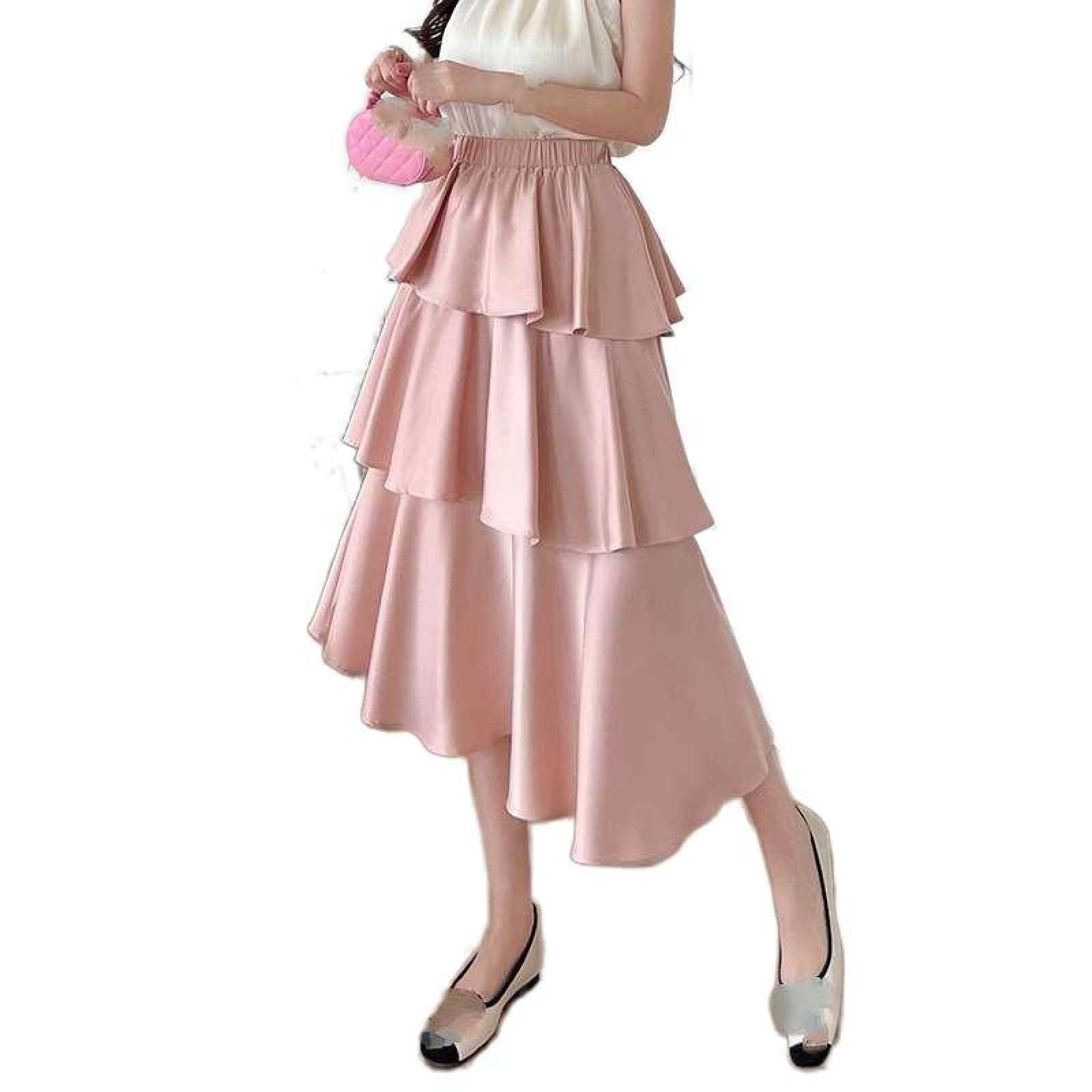 Jupe De Gâteau en Satin De Fibre De Vinaigre Taille Haute pour Femme - Été Polyvalent Couleur Unie Taille Élastique Jupe Mi-Longue Petite Jupe À Volants Irrégulier Une Ligne Jupe Longue,