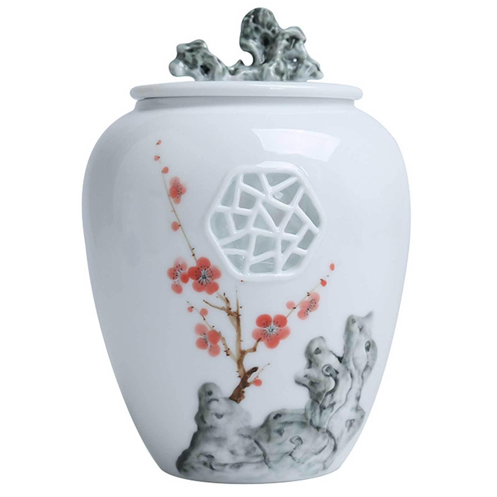 Urn, Ceramic Sealed Jar with Hand-Painted Plum Bossom Pattern - Pet Urn, White(Small)