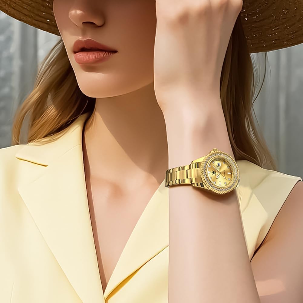 OLEVS Damen-Armbanduhr, Diamantkleid, Quarz, analog, weibliche Uhren, Edelstahl, zweifarbig, wasserdicht, Leuchtend, Tag und Datum, Geschenk
