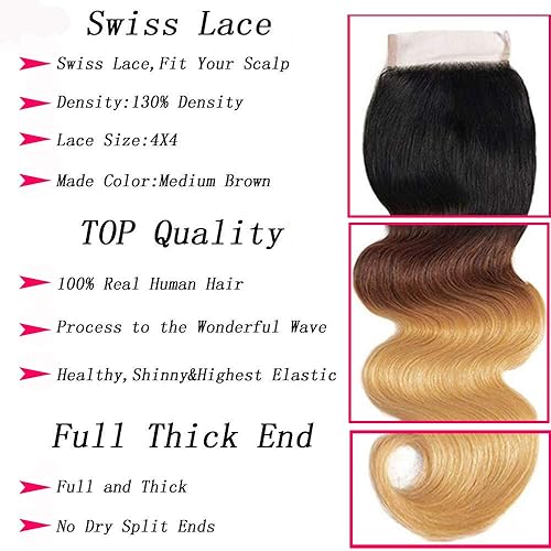 Miniatura 5 de Manojos de cabello humano degradado con cierre, 100% cabello humano virgen brasileño sin procesar, 4 paquetes con cierre de encaje 4x4, parte libre