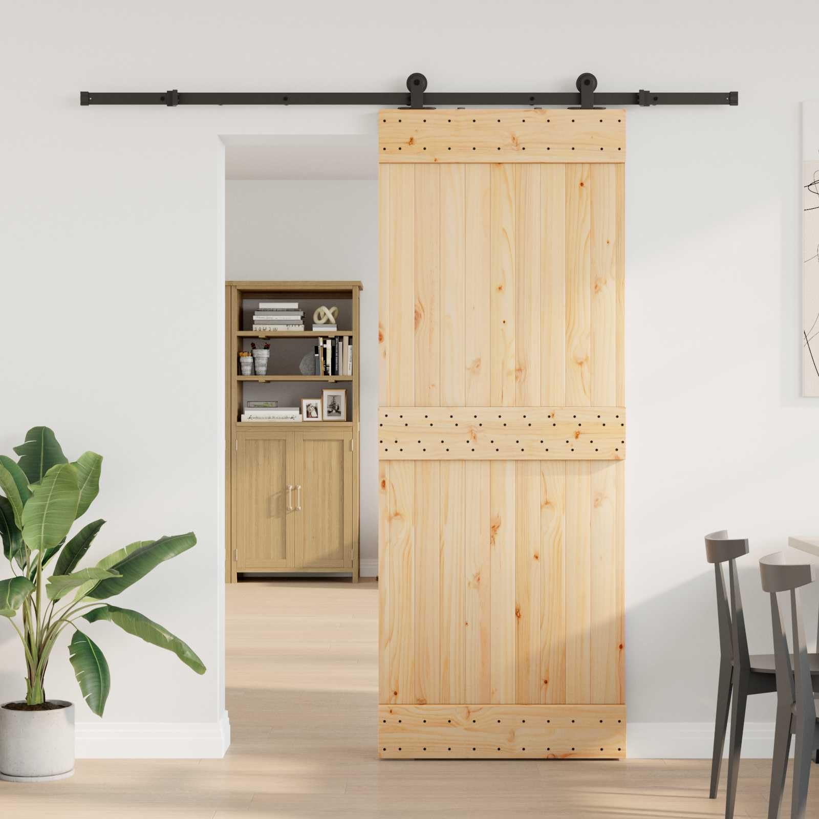 Porta scorrevole Narvik, 80 x 210 cm, in legno di pino massiccio con binario in acciaio verniciato a polvere, per interni