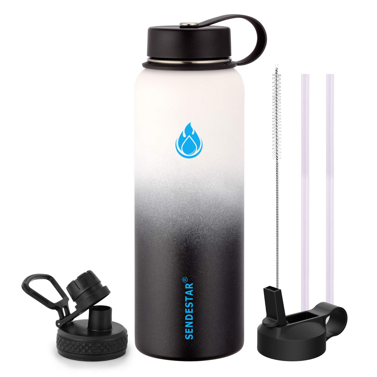 SENDESTAR Stainless Steel Water Bottle,2 or 3 Lids(18 oz, 24oz,32 oz,40 oz or 64oz),Double Wall Vacuum Insulated Leak Proof, Wide Mouth with Straw Lid,Spout Lid (32 oz, 32 oz-Day/Night (3 LIDS))