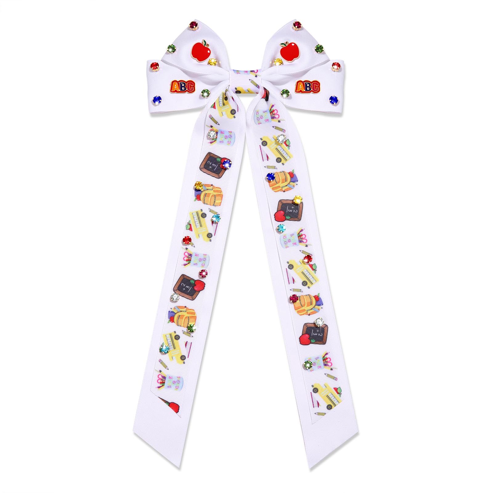 Boderier Teacher Gifts Hair Bows for Women ABC Pencil Teach Hair Bow Clips Long Jeweled Satin Ribbon Bow Barrette Hair Clip Back To School Teacher