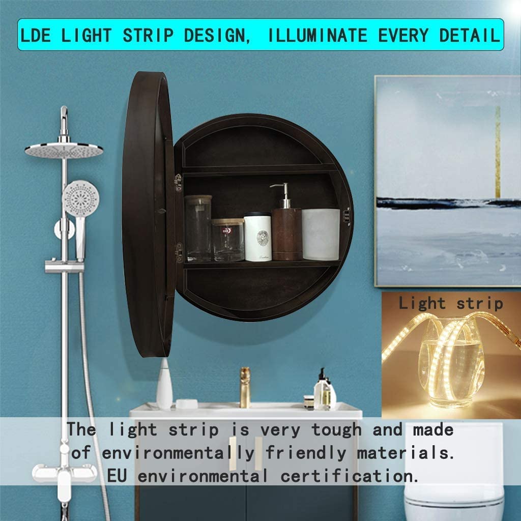 Espejo de baño con LED, Armario de baño con espejo y luces LED, armario pared, redondo madera, interruptor inteligente cosmético(60cm)