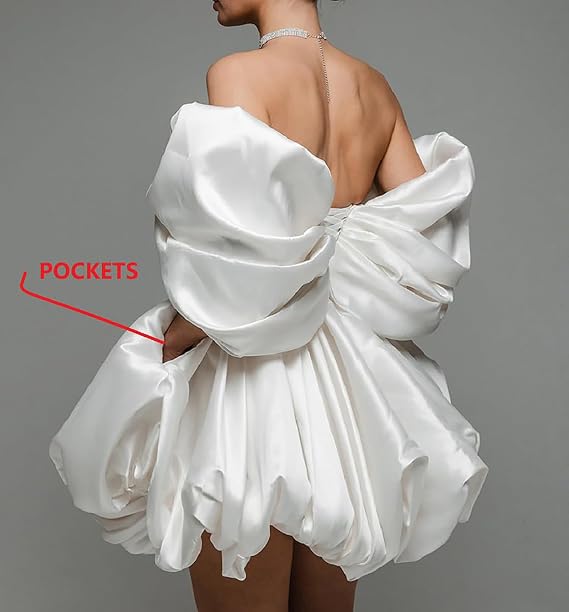 Off The Shoulder Wedding Dresses for Bride V-Neck A-Line Satin Mini Homecoming Party Cocktail Ball Gown
