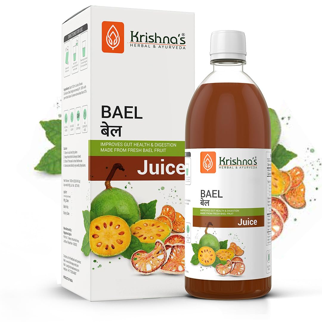 Krishna's Bael Juice -1000 ml concentrate | Sugar Free Beal Juice for Healthy Gut Health, Bel Swaras with No Added Color or Flavour - (Pack of 2)