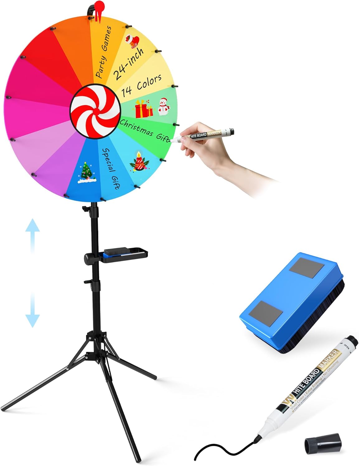 24 Inch Spinning Prize Wheel, Ajustable Height Spin Doodle Game Spinner, Storable Prize Wheel Spinner with Telescopic Stand, Wheel of Fortune Game, 14 Colors