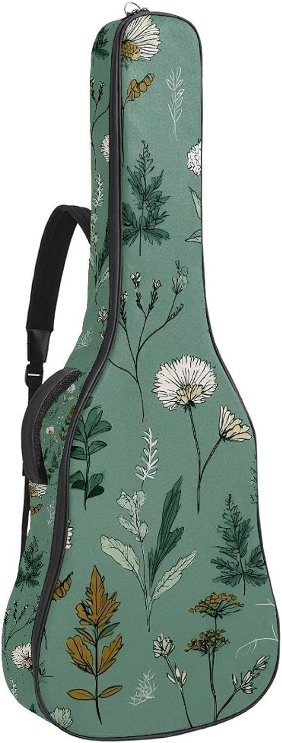 Acoustic Guitar Gig Bag 10mm Thick Padding, Soft Waterproof Guitar Case with Adjustable Backpack Straps for 40-42 Inch Guitar, Flowers Leaves Herbs Plants Sage Green Pattern