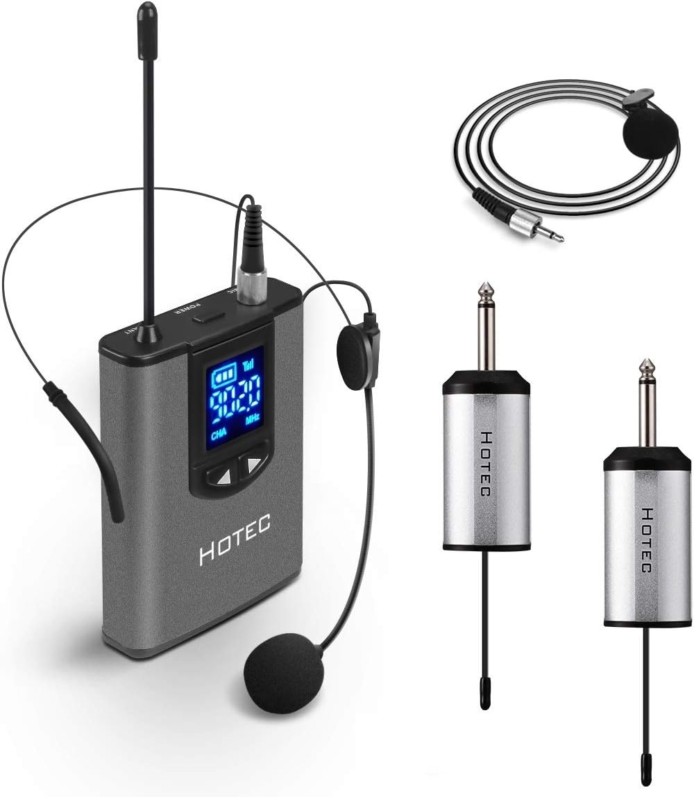 HOTEC UHF Wireless Headset Microphone/Lavalier Lapel Mic with Bodypack Transmitter and Two Mini Rechargeable Receivers 1/4" Output, for Live Performances, Support Phone