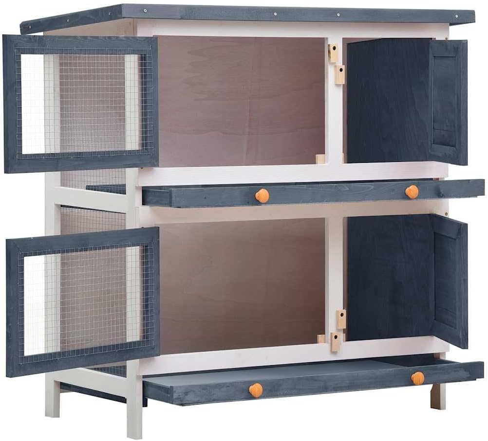 vidaXL Outdoor Rabbit Hutch with Pull Out Trays Grey Wood | Pet Enclosure for Rabbits and Small Animals Weatherproof & Easy to Clean Design Ideal Garden Yard Use Wooden Cage Animal Habitat House
